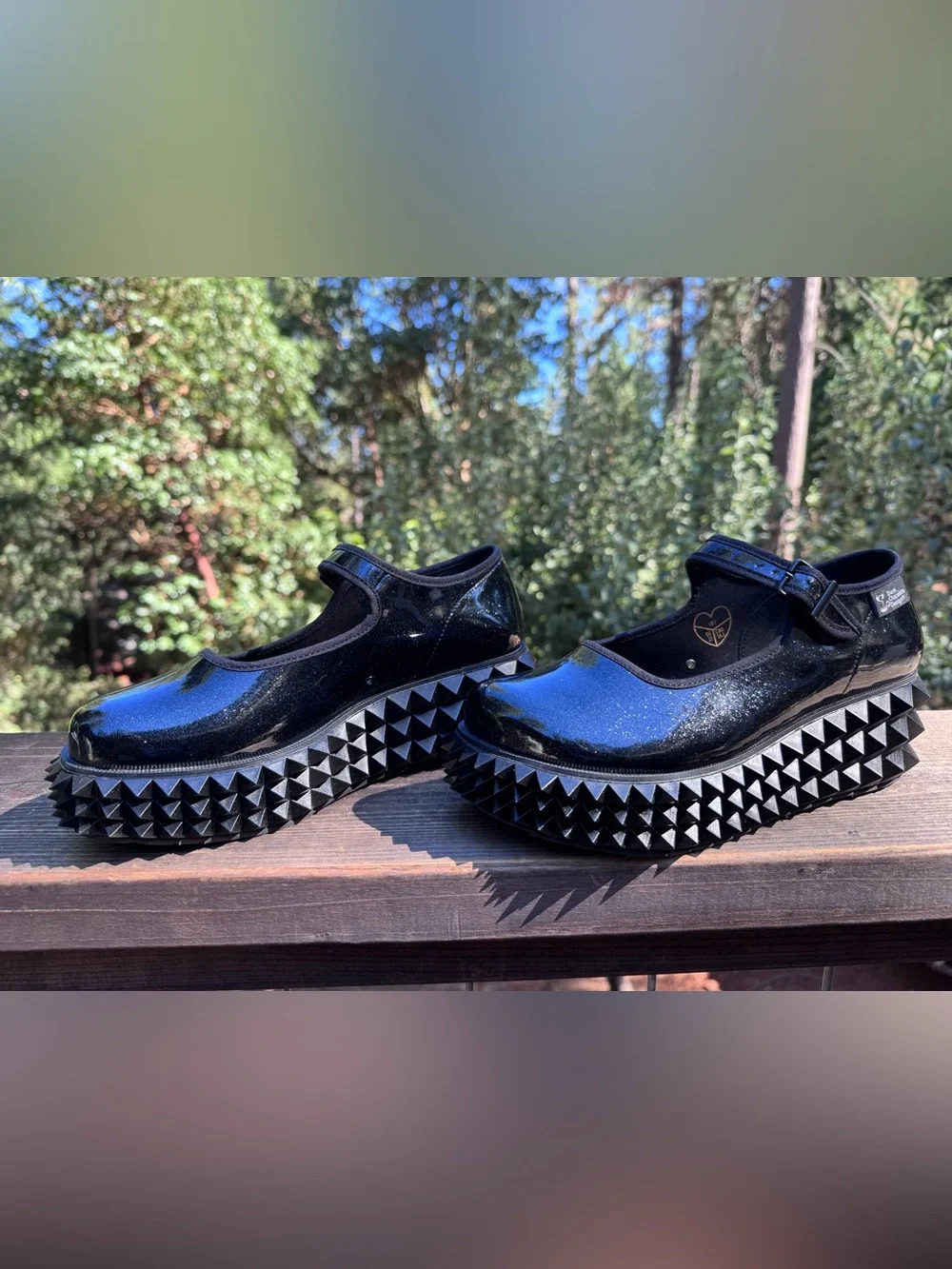 Choclaticas Black Cobra Patent Platform Mary Janes with Geometric Stud Sole